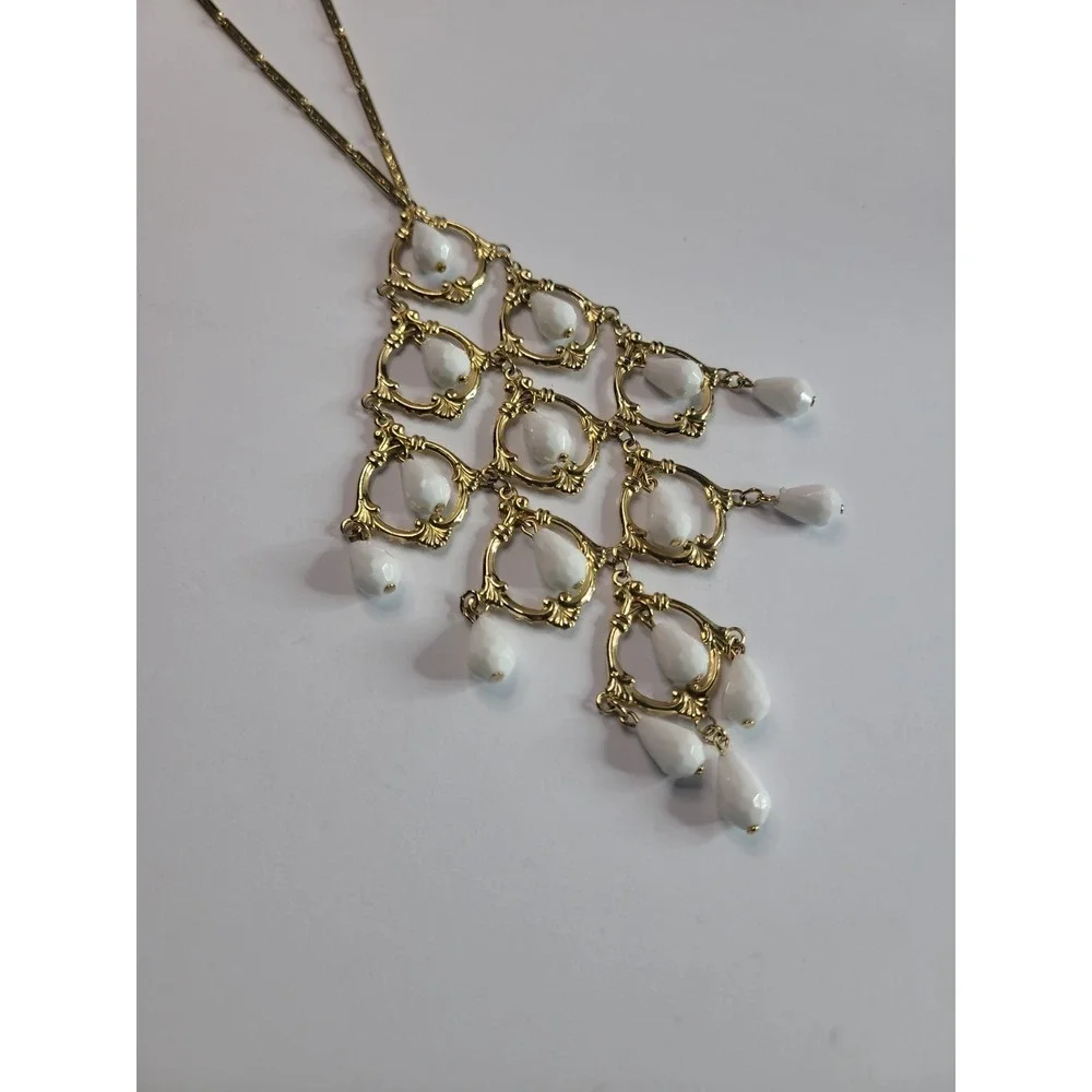 Gold Tone Chandelier Bib Necklace White Faceted Teardrop Beads Statement Necklac